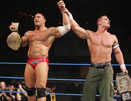Cena as the WWE Champion and Batista as the World Heavyweight Champion in late 2006.