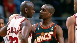 Payton and Jordan have a chit chat during the 1996 NBA Finals.