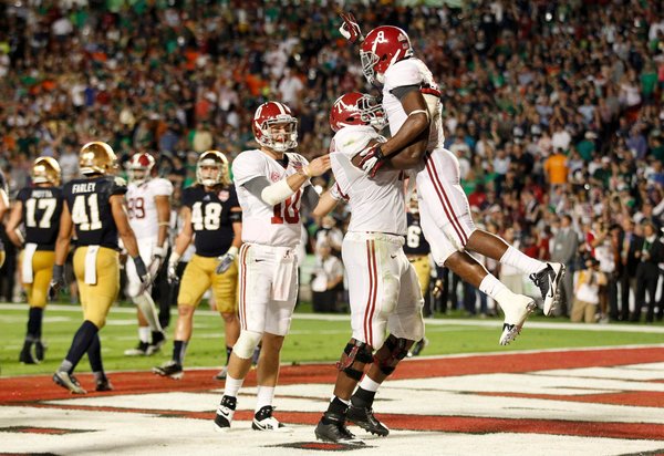 Alabama wide receiver Amari Cooper celebrates a touchdown catch against Notre Dame in a 42-14 victory in the Orange Bowl. Credit to Jeff Haynes/Reuters