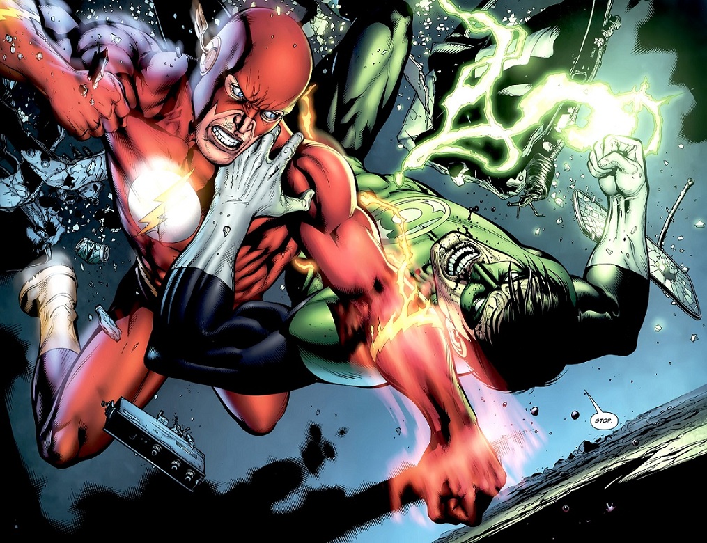 Here, the Flash battles an unnamed character who resembles Hal Jordan, but isn't due to copyright laws.