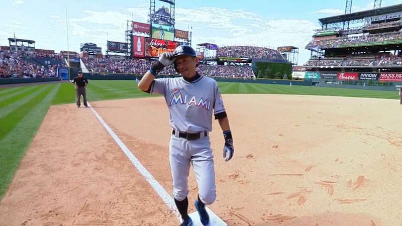 Ichiro acknowledging the Coors Field crowd after his 3,000th MLB hit, a triple in the 7th inning on Sunday.
